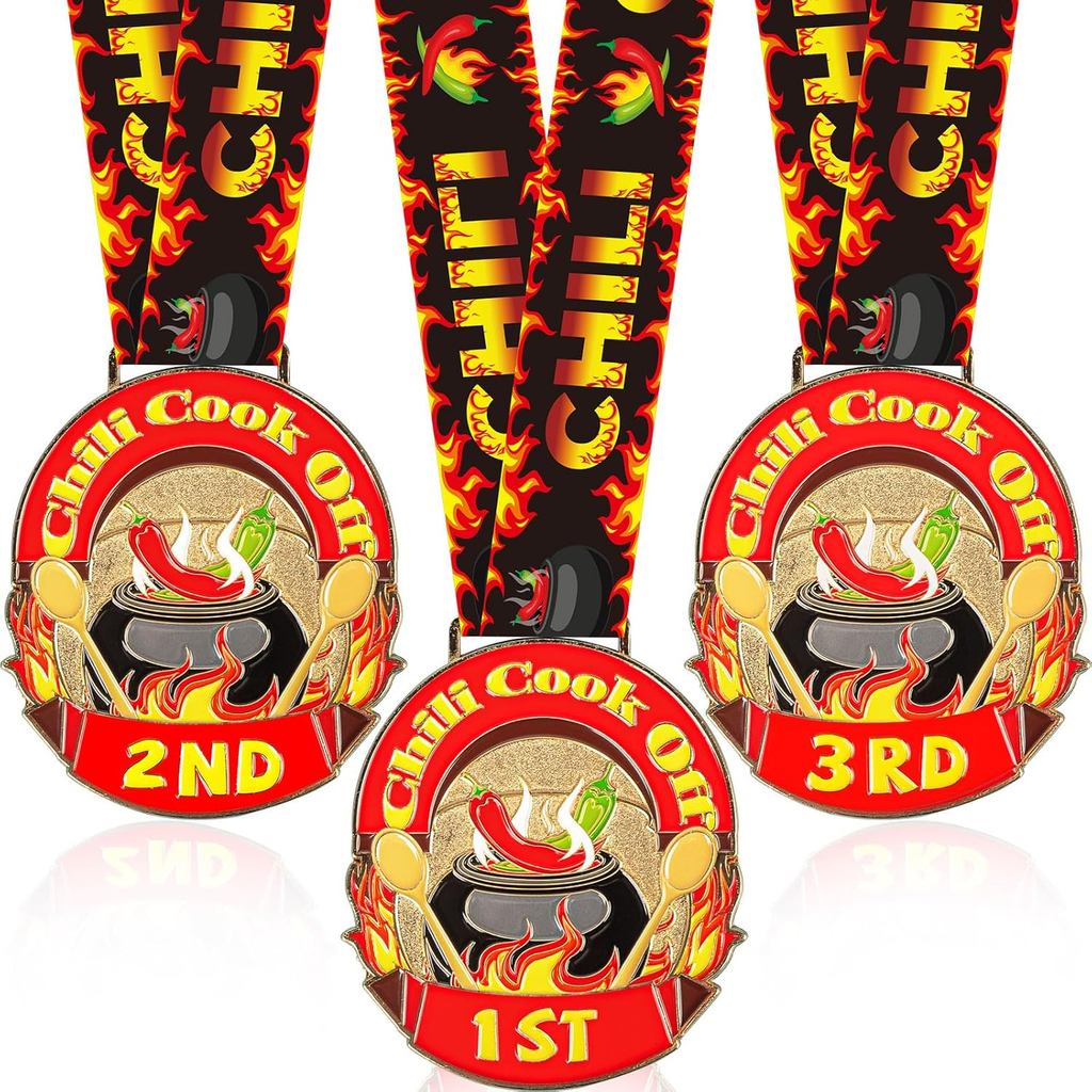 3 ชิ้นพริกปรุงเหรียญรางวัล Trophies, Chili Cook Off Awards สําหรับ 1st 2nd 3 Place เหรียญชนะพร้อมริบ