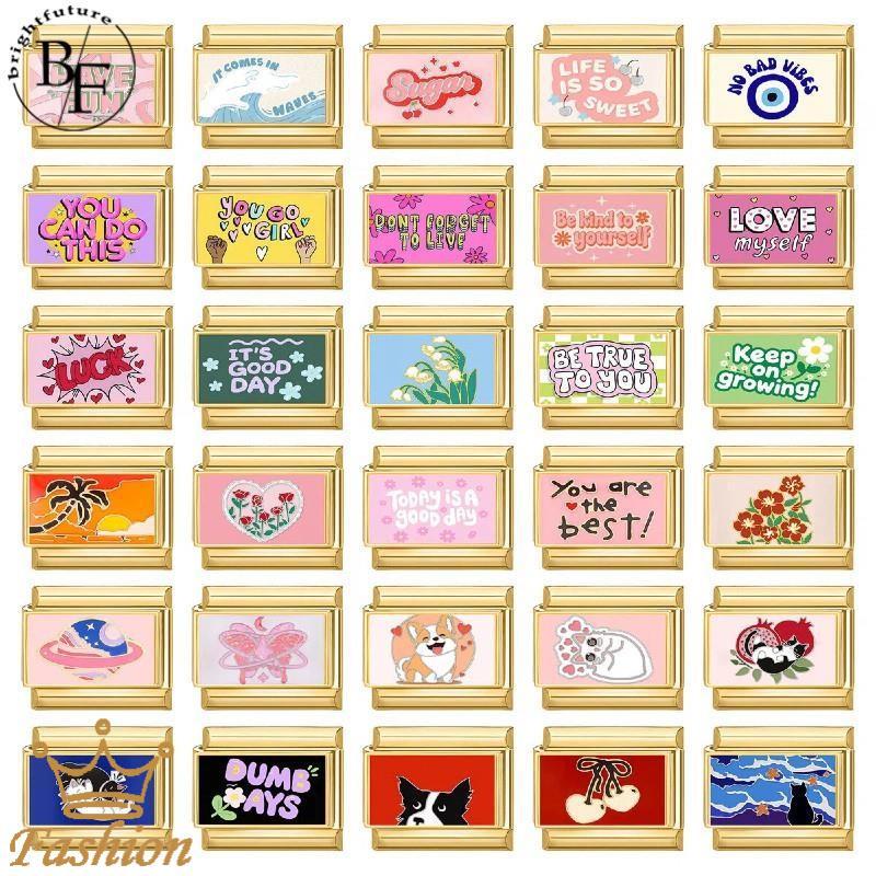 สร้อยข้อมือ charm fit 9 มม. สแตนเลส พิมพ์ลายภาษาอังกฤษและดอกไม้สไตล์อิตาเลียน