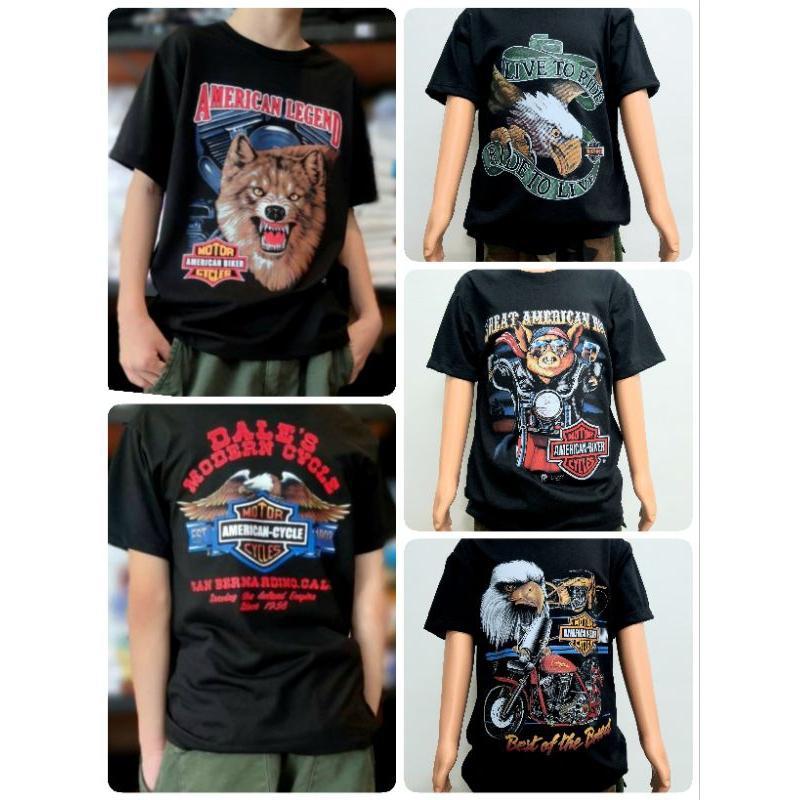 เสื้อเด็กแนววินเทจ เสื้อเด็ก3d เสื้อเด็กฮาเลย์ผ้าบางวินเทจสกีนหน้าหลัง คอกลมสีดำ เด็กชาย เด็กหญิง S-