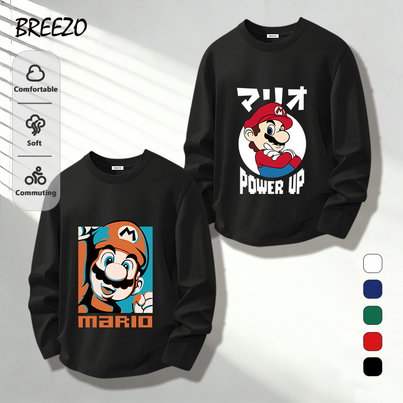 สําหรับผู้ชาย เสื้อยืดแขนยาว ทรงหลวม สบาย 5 สี Super Mario ลายพิมพ์การ์ตูนน่ารัก แนวสตรีท ไซซ์ S - 3XL