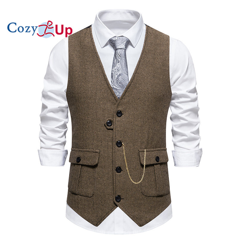 Cozy Up US Size Mens Herringbone Suit Vest & Vest with Chain - Single-Breasted Business Suit Vest, V