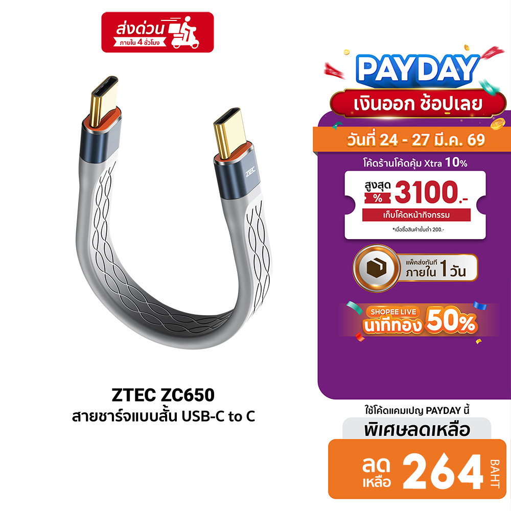 [ลดเหลือ 264] ZTEC ZC650 สายชาร์จแบบสั้น USB-C to USB-C Thunder 4/3 , USB 4 เชื่อมต่อภาพสูงสุด 8K -2