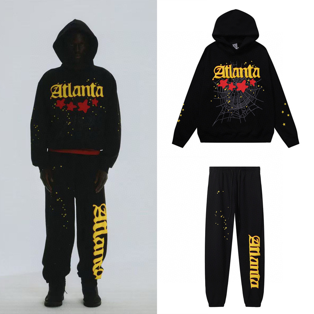 KDX1 Sp5der Spider Web Print Terry Hoodie Sweatshirt and Pants Set for Men and Women in American Sty