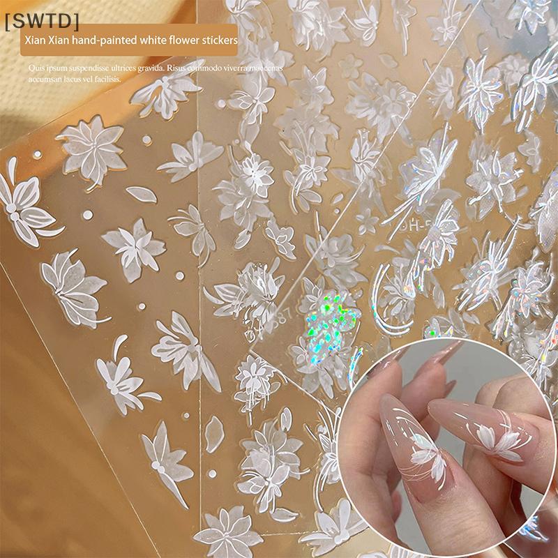 [SWTD] ดอกไม้แมกโนเลียสีขาว Hand Drawn Temperament Nail Stier Enhancement กาวรูปลอกตกแต่ง null