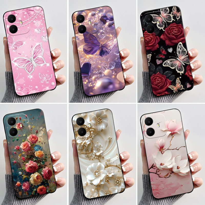 สําหรับ TCL K70 4G 5G กรณีแฟชั่นผีเสื้อดอกไม้สีดํา Jelly ซิลิโคนนุ่มกันชนสําหรับ TCL K70 Power T522A