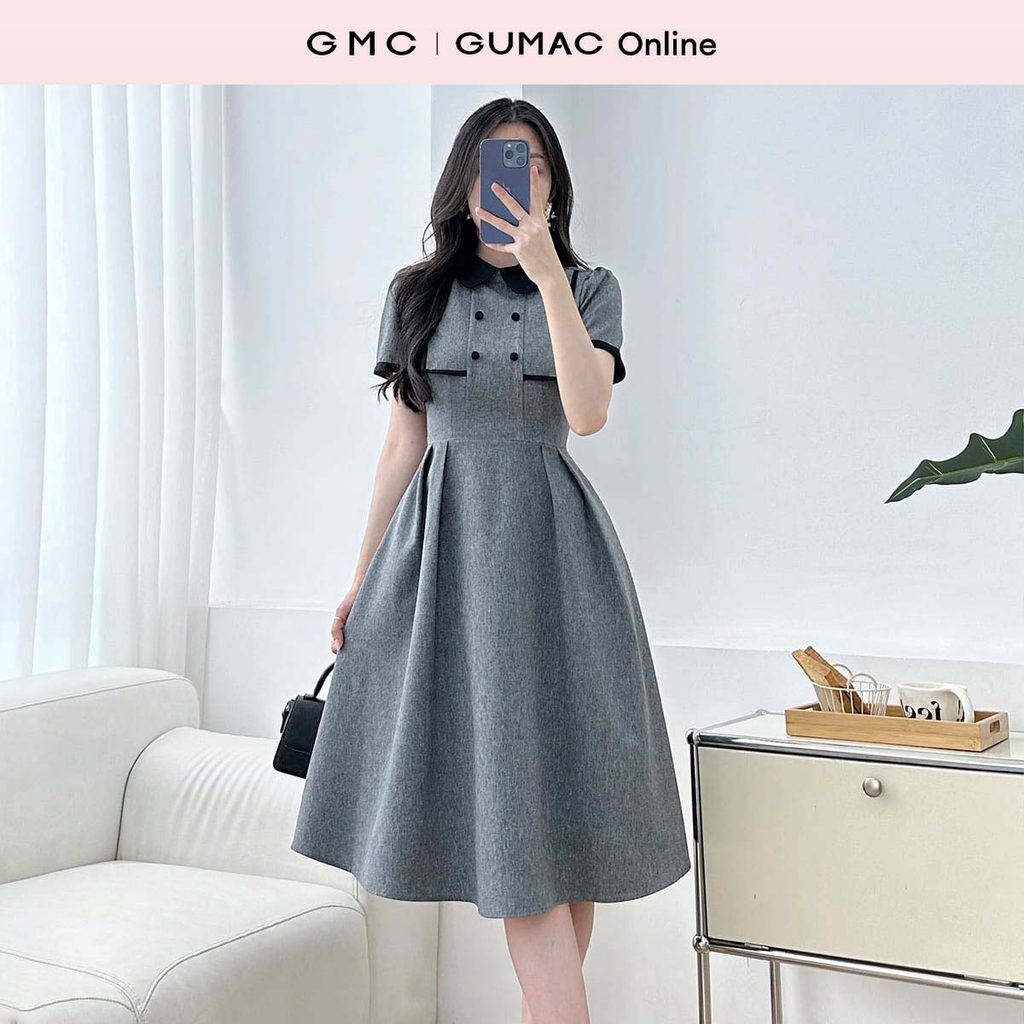 กูแมค ชุดเดรสบานทรง ก ผู้หญิงคอปกใบไม้สีดําแบบมั่นคงและกระเป๋าสตรีหรูหรา LDF0507