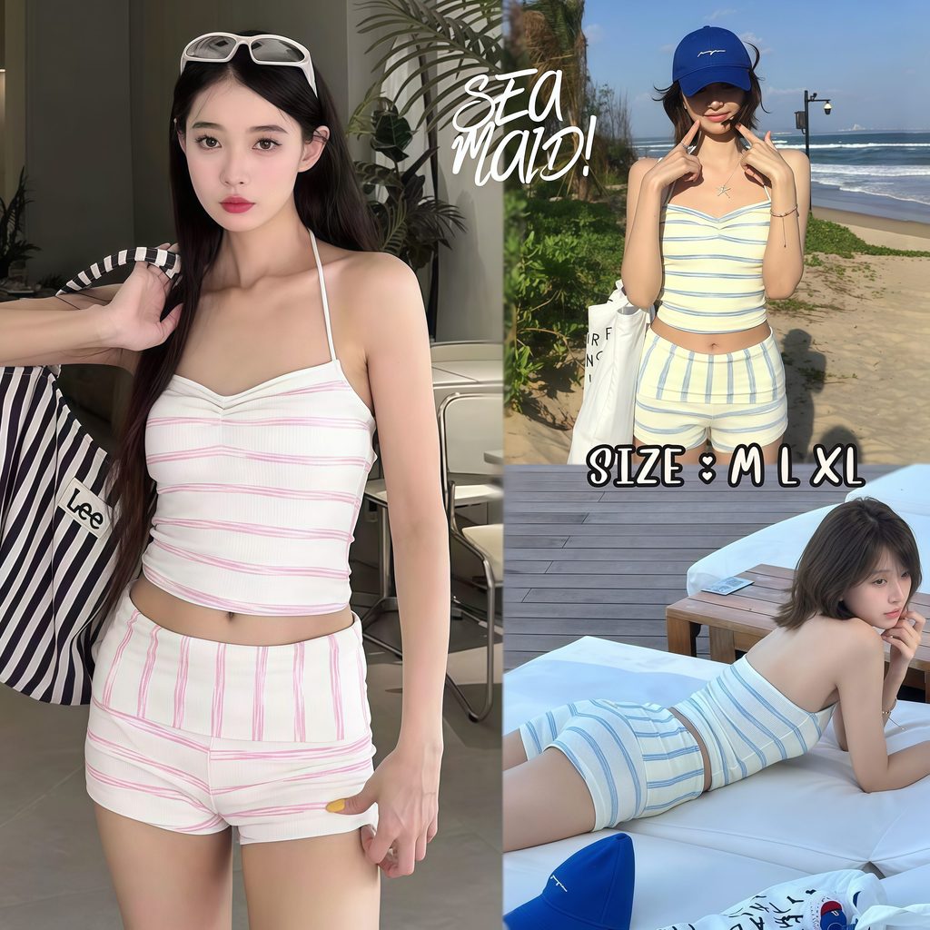 SEA MAID ชุดว่ายน้ำเซ็ต สายเดี่ยว + กางเกงขาสั้น ลายทาง ผู้หญิง ⛱️มีไซส์ M-XL | น้ำหนัก 40-65 กก. Y126