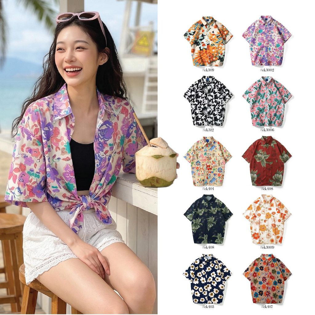เสื้อลายดอก ผู้หญิง สงกรานต์ ปกเชิ้ตกระดุมหน้า สีขาวดอกม่วง ผ้าไหมอิตาลี ชุดไปทะเล เสื้อฮาวาย #3002