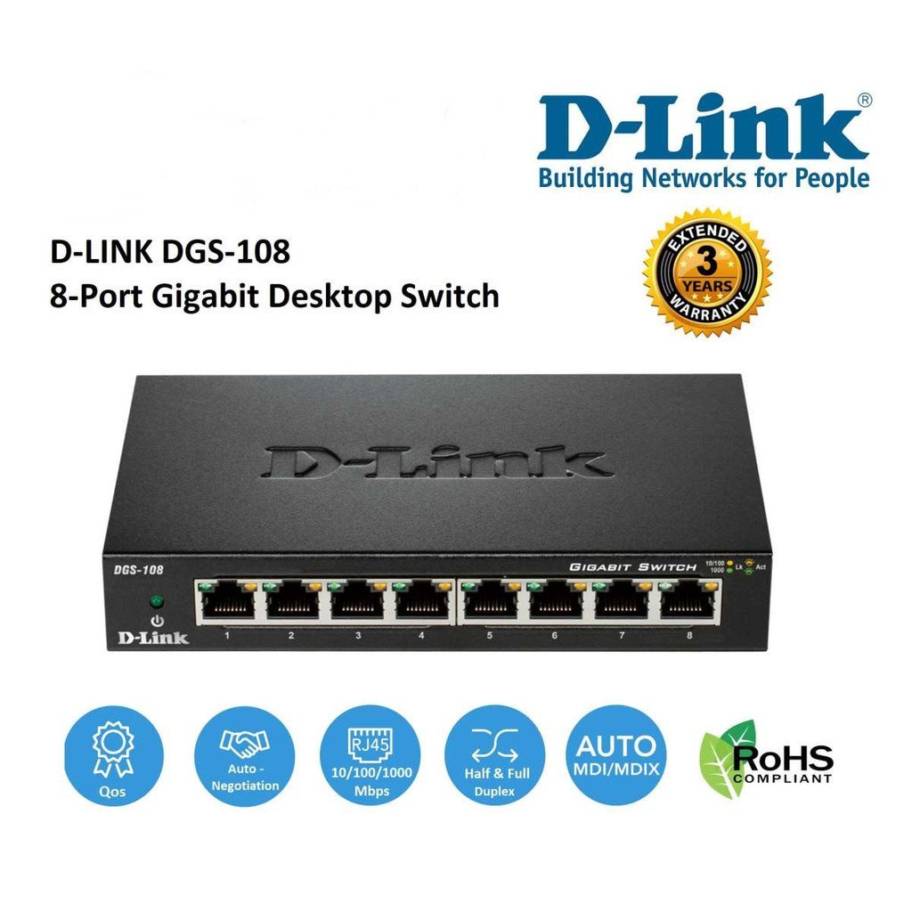 สวิตซ์ฮับ D-LINK (DGS-108) (DGS-108GL) 8 Port Gigabit Switching Hub 10/100/1000 Mbps