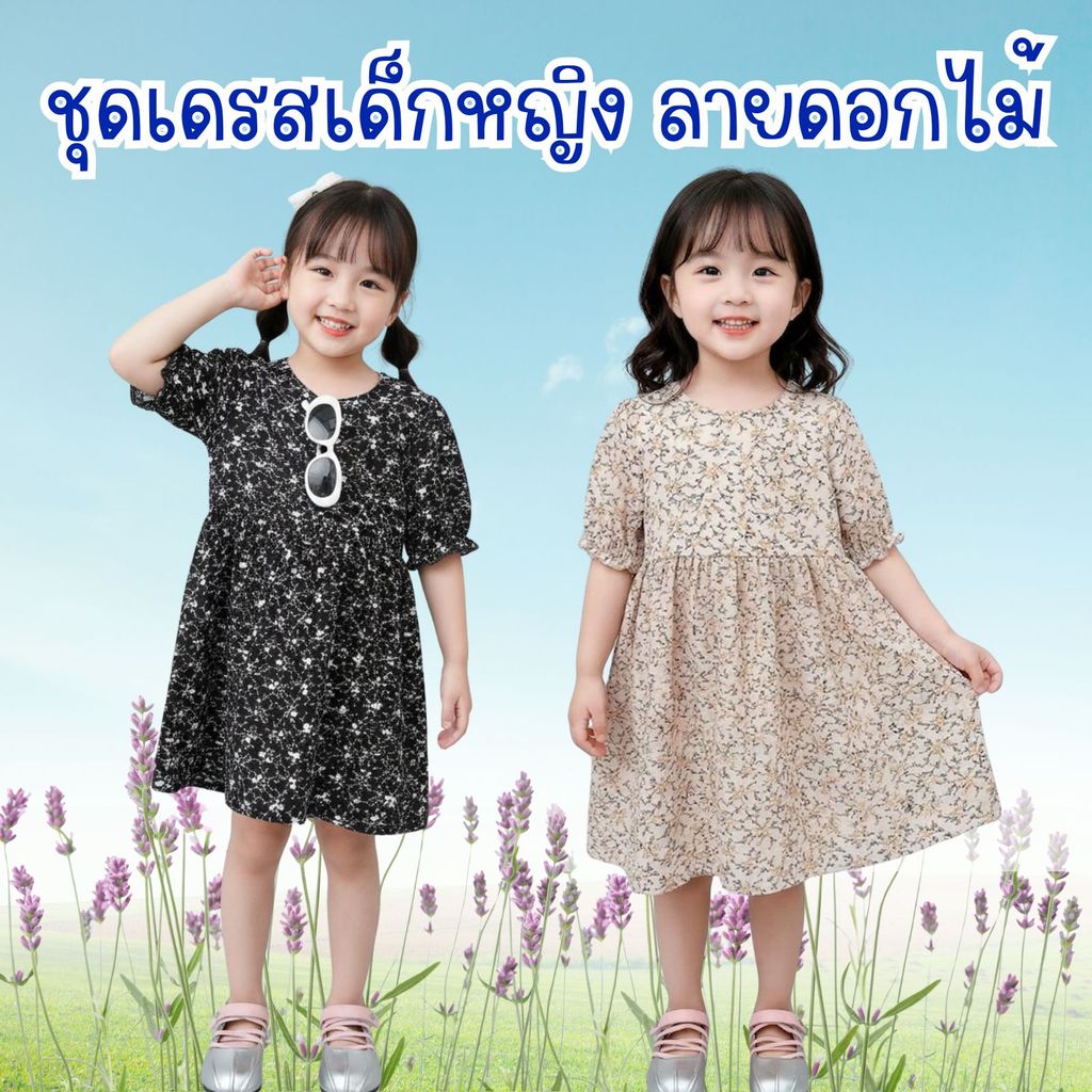 Dolemi Baby ชุดเดรสเด็กหญิง ลายดอกไม้ สีดำ สีเหลือง แขนจั๊ม คอกลม มี2สี ผ้าโพลีเอสเตอร์
