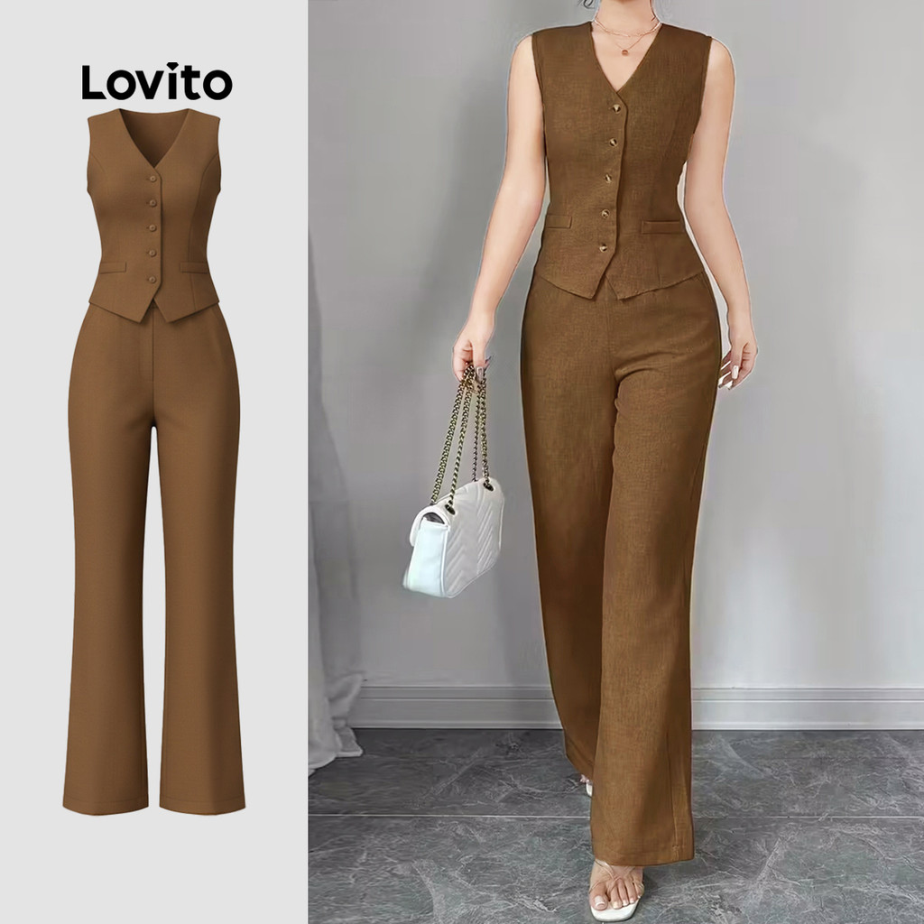 Lovito เสื้อท่อนบนหรือท่อนล่างสุดเก๋สําหรับฤดูใบไม้ผลิ/ฤดูร้อน กางเกงสีน้ําตาลสําหรับผู้หญิง LK3ED1495