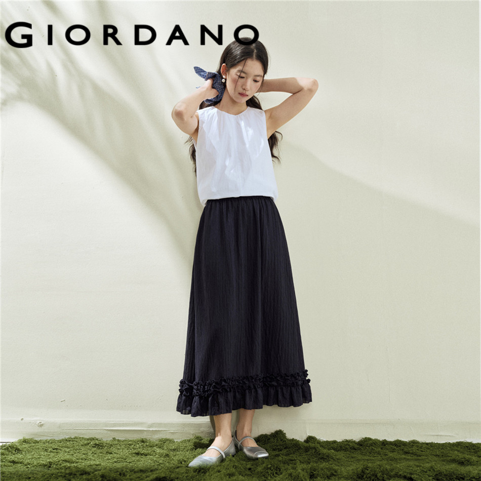 GIORDANO WOMEN Dark stripe lace hem elastic waist woven midi skirt - High Quality 18466803