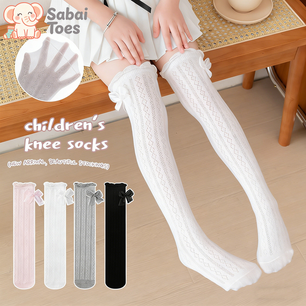 Sabai Toes ถุงเท้าสูงถึงเข่าสีพื้นสำหรับเด็กผู้หญิง ตกแต่งด้วยโบว์ น่ารัก นุ่ม และอ่อนโยนต่อผิว