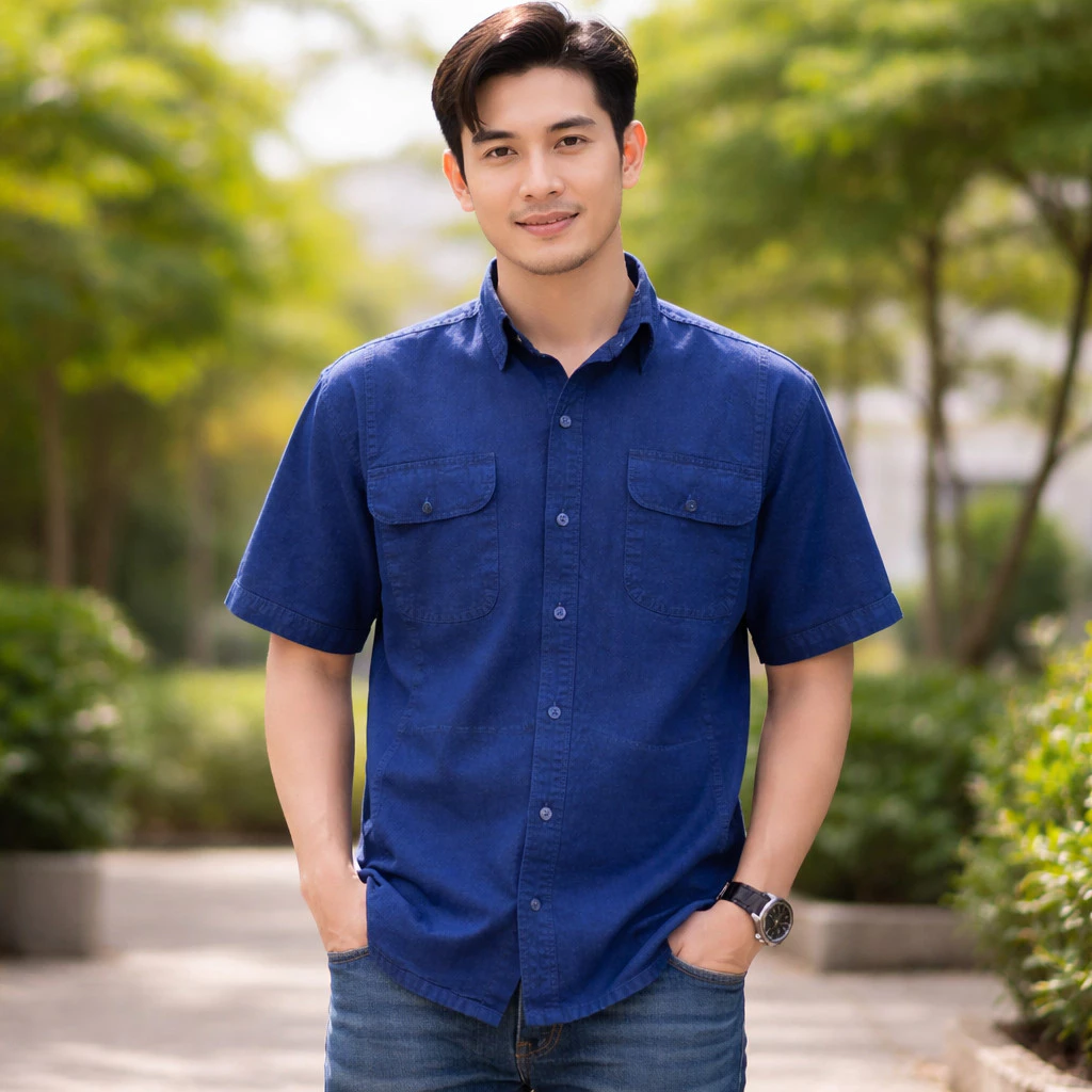 เสื้อเชิ๊ตม่อฮ่อมแบบดั้งเดิม คอปก กระดุมธรรมดา 4 กระเป๋า (ไม่มีฝาปิด / มีฝาปิดกระเป๋า)