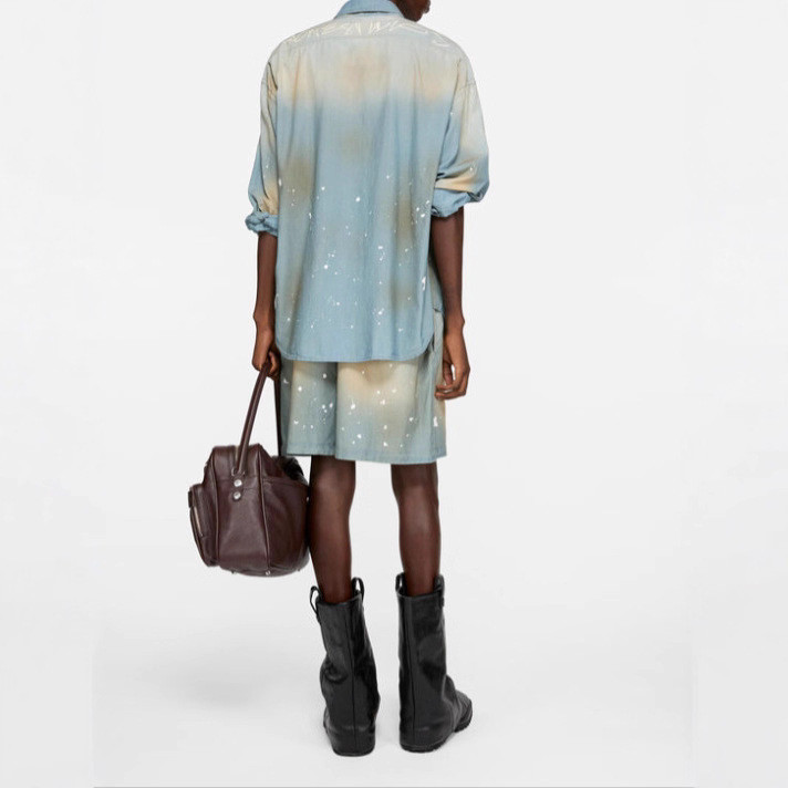 8I9R AC Vintage Washed Gradient Color Block Letter Print Denim Shirt Unisex Casual Versatile Shorts