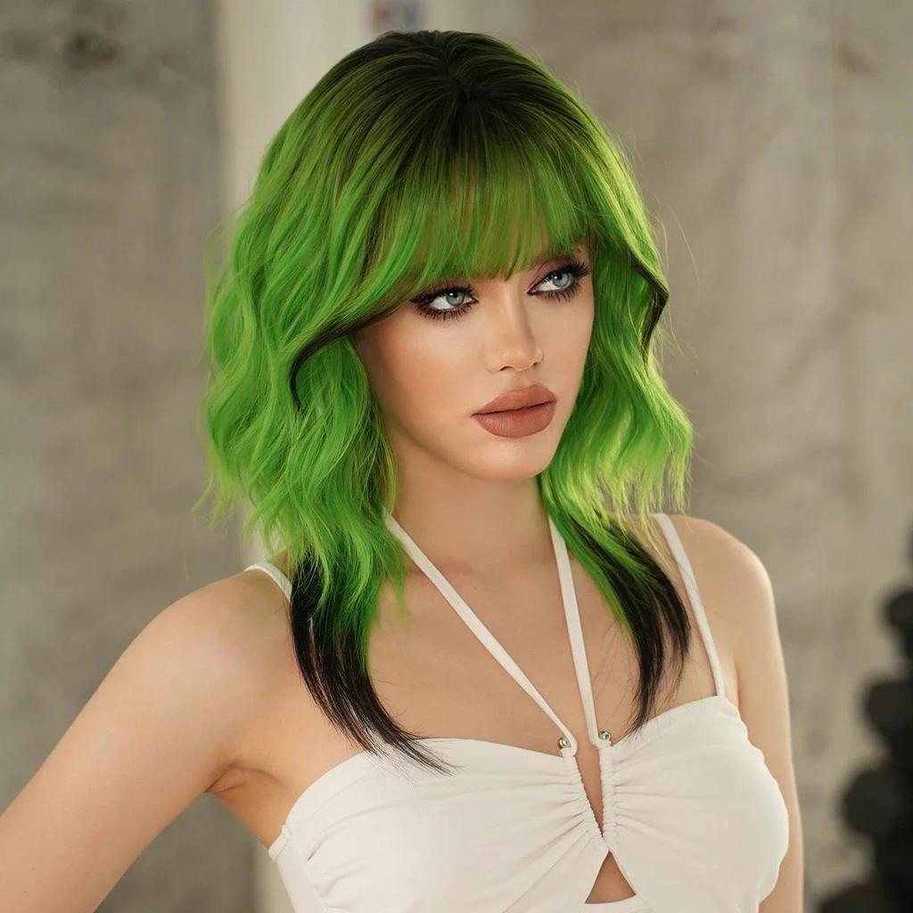 NAMM Synthetic Long Wavy Green Wigs for Women Daily Use Dark Roots Tail dyeing High Density Heat Res