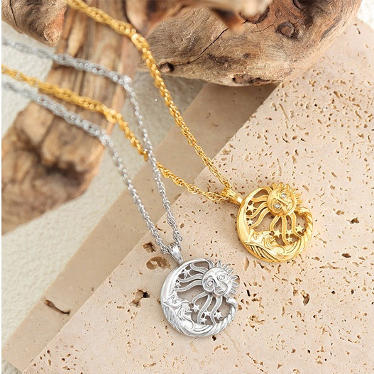 MATAHARI 316L สแตนเลส Gold Moon Sun จี้สร้อยคอ Cubic Zirconia – เครื่องประดับแฟชั่นสร้างสรรค์, Hypoa