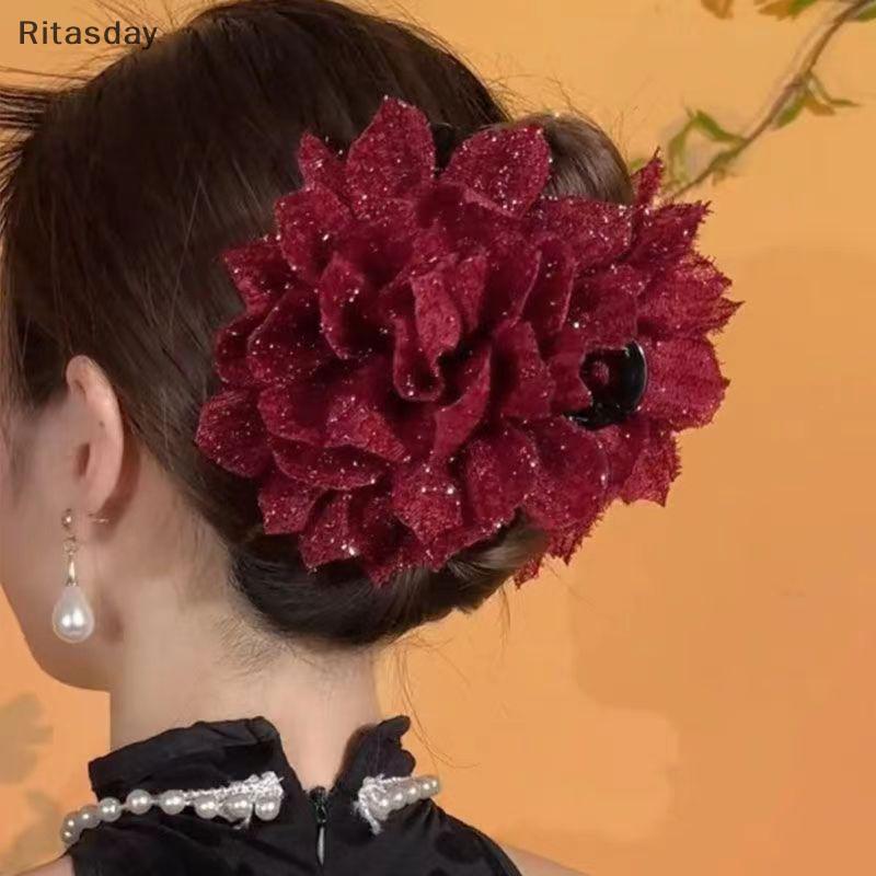 Ritasday แฟชั่นตาข่ายสีดําดอกไม้ผู้หญิงหางม้าคลิป Headdress อารมณ์ดอกไม้ผม Claw Headwear อุปกรณ์เสริมผมใหม่