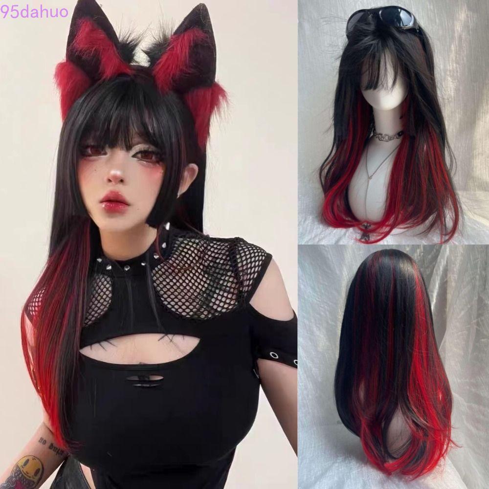 วิกผมสังเคราะห์สีดำและแดง Ombre Layered สำหรับคอสเพลย์ Lolita หรืองานปาร์ตี้