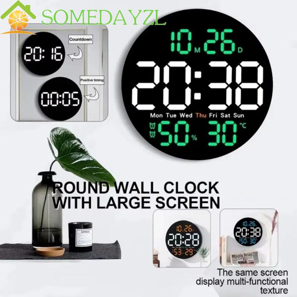 SOMEDAYZL 10 นิ้ว LED Wall Clock,รีโมทคอนโทรลหน้าจอขนาดใหญ่แขวนนาฬิกาดิจิตอล,อุณหภูมิ/ความชื้นจอแสดงผลความสว่างปรับลดแสงอัตโนมัติติดผนังนาฬิกาอิเล็กทรอนิกส์