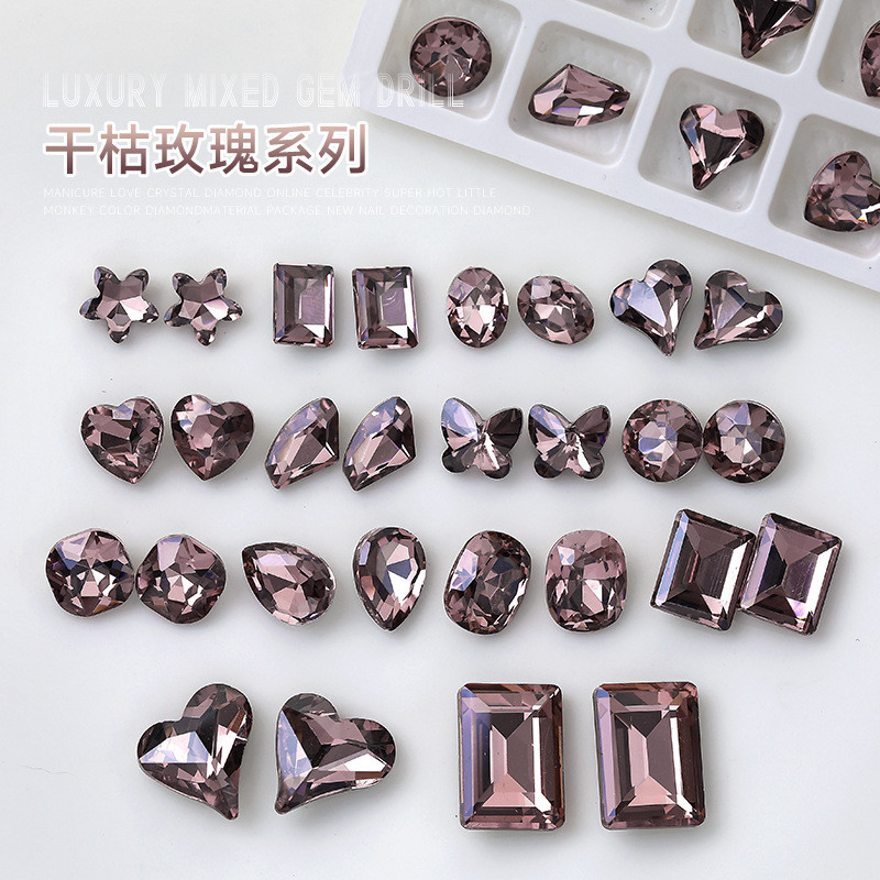 อุปกรณ์ทําเล็บ Dry Rose Pointed Bottom Diamond Super Flash Love Heart Fat Square Water Drop Pile Dia