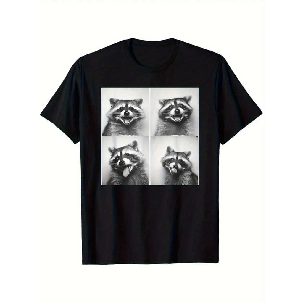 ผ้าฝ้ายนุ่ม เสื้อยืดกราฟิกแรคคูน ผ้าฝ้าย 80gsm เสื้อยืดแขนสั้นคอกลมแบบสบาย ยูนิเซ็กซ์ ซักเครื่องได้