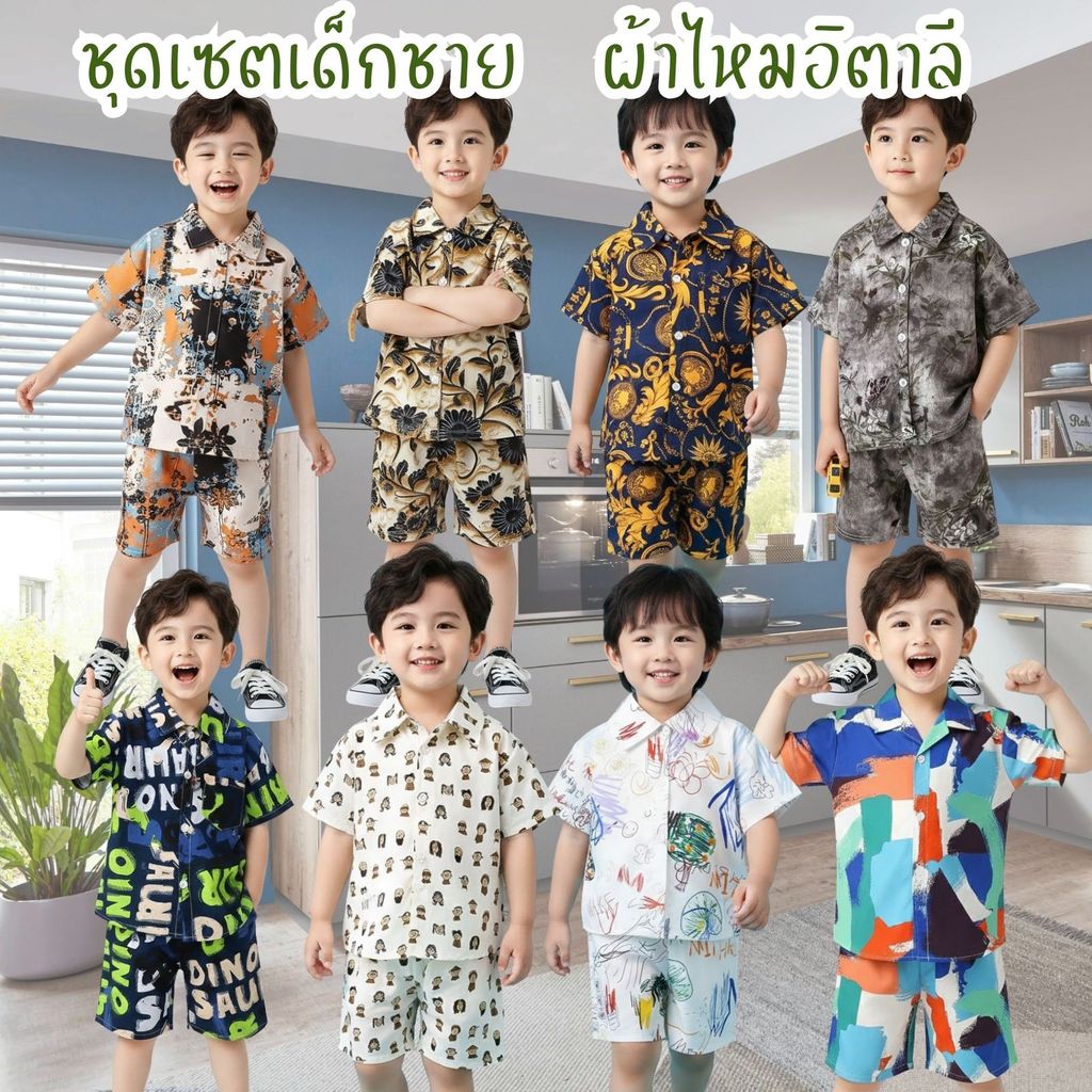Dolemi Baby ชุดเซต เด็กชาย เสื้อ กางเกง ผ้าไหมอิตาลี 8ลาย ขาสั้น แขนสั้น คอปก เสื้อเชิีต ผ้านิ่ม