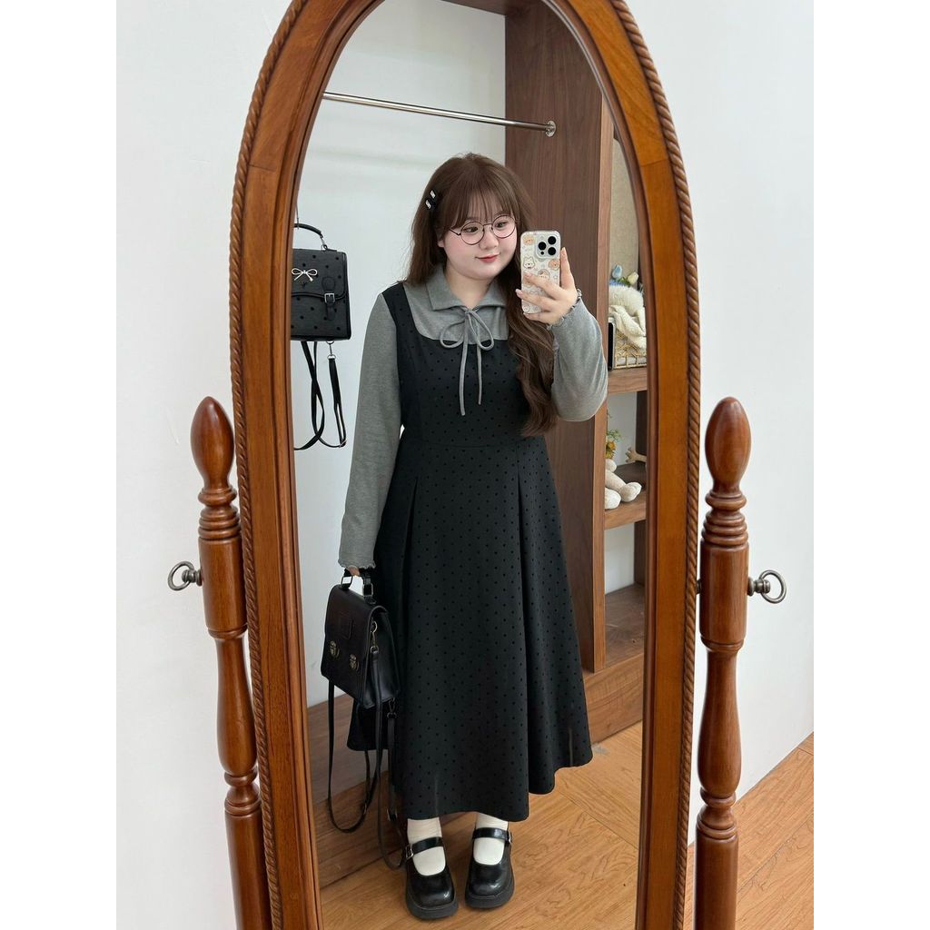 LT STUDIO เผ็ดแถบขนาดใหญ่ที่กําหนดเอง Flocking Polka Dot ถักปลอมสองชิ้นครอบคลุมเนื้อ Slimmer ดูเอวแค