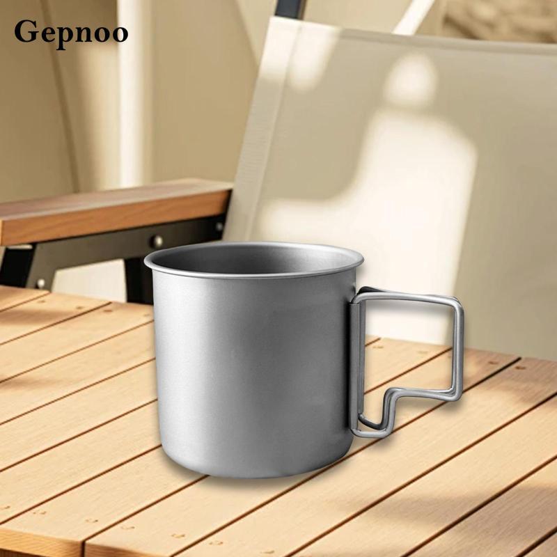 แก้วตั้งแคมป์ Gepnoo ขนาด 380 มล., ด้ามพับได้, ทำจากไทเทเนียม สำหรับท่องเที่ยว ปิกนิก และการเดินป่า