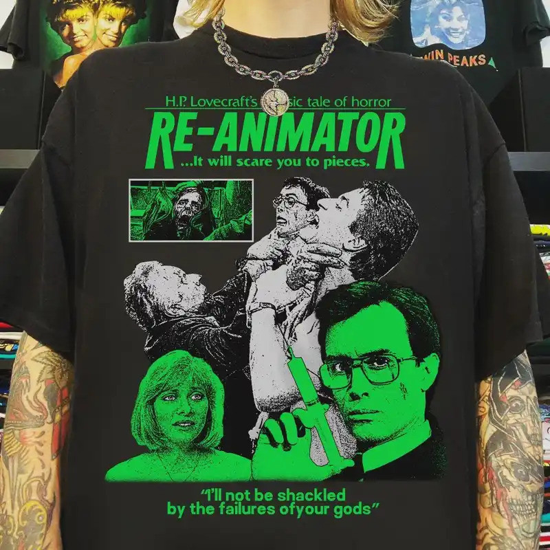 ชุด Re-Animator 1985 เสื้อสยองขวัญยุค 80 เสื้อภาพยนตร์ย้อนยุค เสื้อคนรักภาพยนตร์วินเทจ เสื้อ Reanima