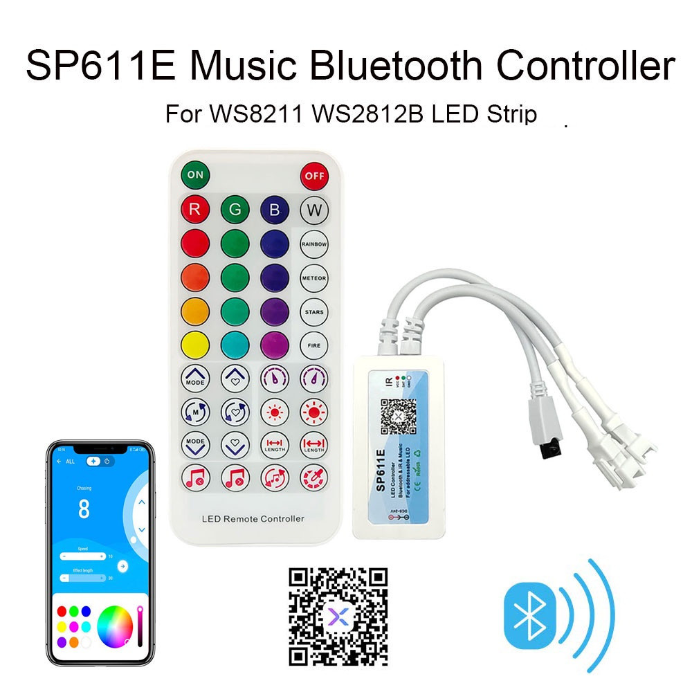 Music Controller Sp611e WS2812 WS2811 WS2812B LED Controller SP611E เพลงบลูทูธ App + IR 38Keys รีโมทคอนโทรลในตัวเพลง DC5V-24V