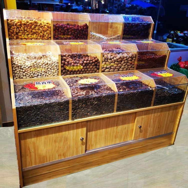 Supermarket dried fruit shelf, convenience store showcase, dry goods, snacks, bulk display cabinet, 