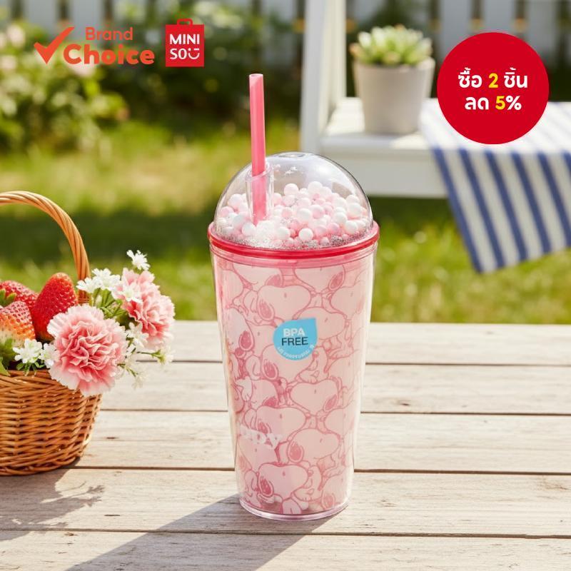 MINISO  ซีรีส์ Snoopy - แก้วน้ําพลาสติกสองชั้นพร้อมหลอดดูด ทนทาน ขนาด 600 มล. ใช้งานได้จริงสําหรับกา