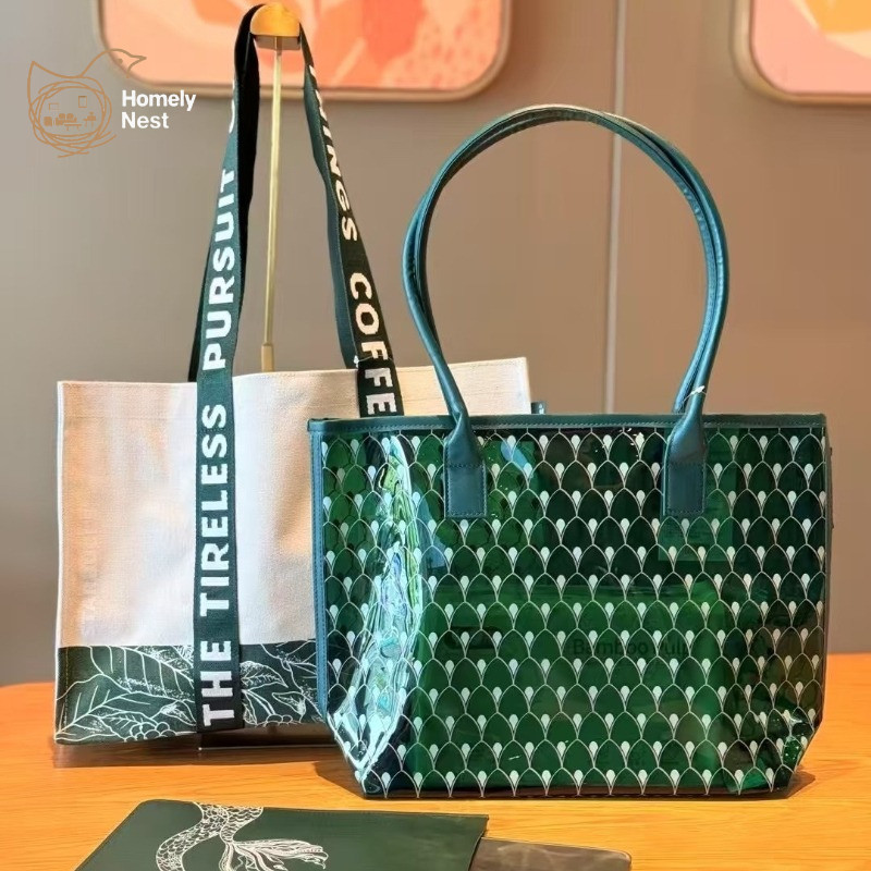 Starbucks One-Shoulder Green Jelly Canvas Tote - Large Capacity Fashion Letter Print Commuter Handbag