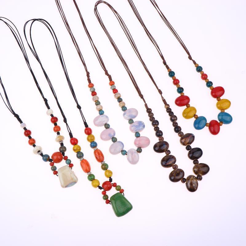 Newsmallbrains เซรามิคที่มีสีสันสร้อยคอถั่ว Handmade Boho จี้ปรับเครื่องประดับ Vintage สําหรับผู้หญิ