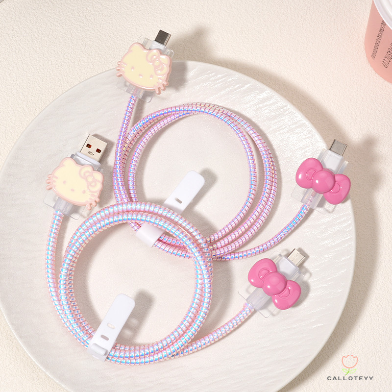 ตัวป้องกันสายชาร์จUSB-Type-Cชุดอุปกรณ์ป้องกันสายเคเบิลข้อมูลรูปแมวสีชมพูผูกโบว์น่ารัก 4 ชิ้น สไตล์ทันสมัย Type-C