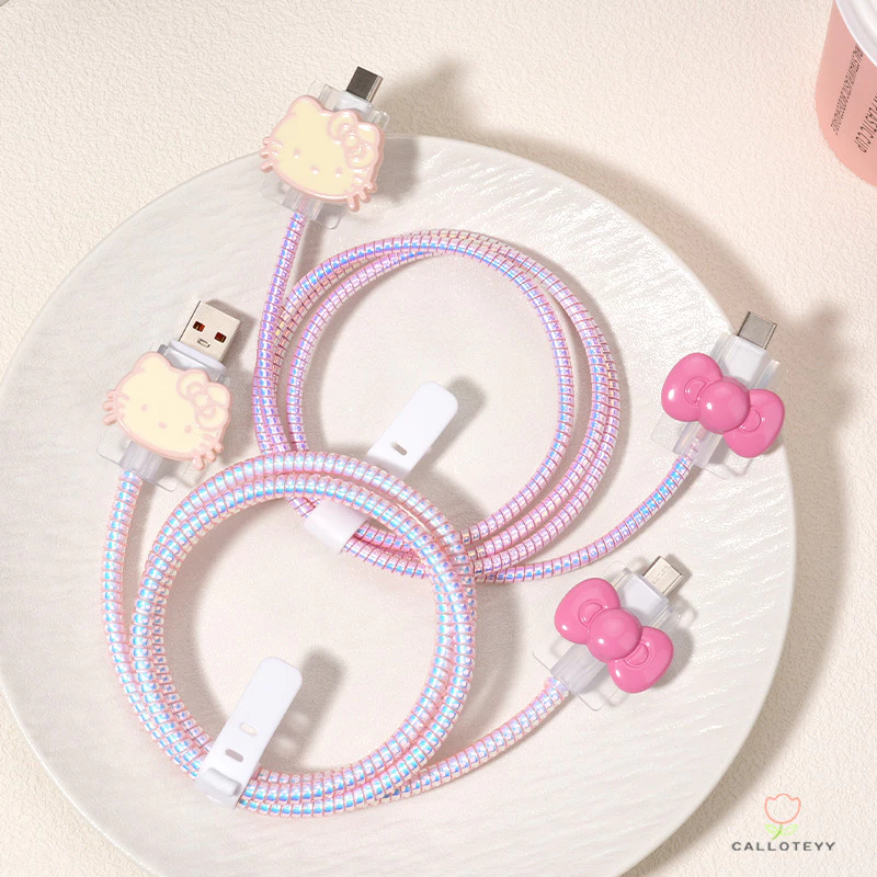 ตัวป้องกันสายชาร์จUSB-Type-Cชุดอุปกรณ์ป้องกันสายเคเบิลข้อมูลรูปแมวสีชมพูผูกโบว์น่ารัก 4 ชิ้น สไตล์ทันสมัย Type-C
