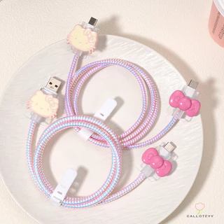 ตัวป้องกันสายชาร์จUSB-Type-Cชุดอุปกรณ์ป้องกันสายเคเบิลข้อมูลรูปแมวสีชมพูผูกโบว์น่ารัก 4 ชิ้น สไตล์ทันสมัย Type-C
