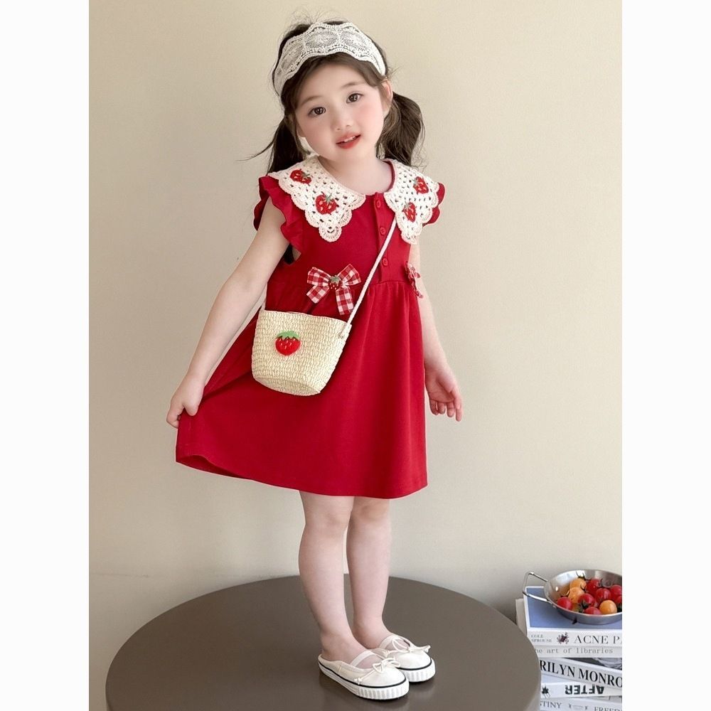 เกาหลีเกาหลี2026สาวชุด2025ฤดูร้อนสไตล์ใหม่เด็กแฟชั่นคอตุ๊กตาปักชุดเจ้าหญิงปกกระโปรงกระโปรงผ้าฝ้ายปลา