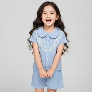 MooDeng Baby ชุดเสื้อผ้าเด็กหญิงแขนสั้น ชุดเช็ตเสื้อ+กางเกง น่ารักๆสำหรับเด็กหญิง ผ้ายฝ้าย ใส่สะบาย