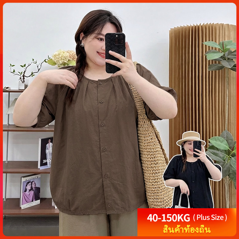 สต็อกในพื้นที่ [เสื้อเบลาส์โอเวอร์ไซส์] (40-150 กก.) สไตล์ตุ๊กตาน่ารัก คอปกปีเตอร์แพน แขนสั้น ผู้หญิง เสื้อหลวม พลัสไซส์