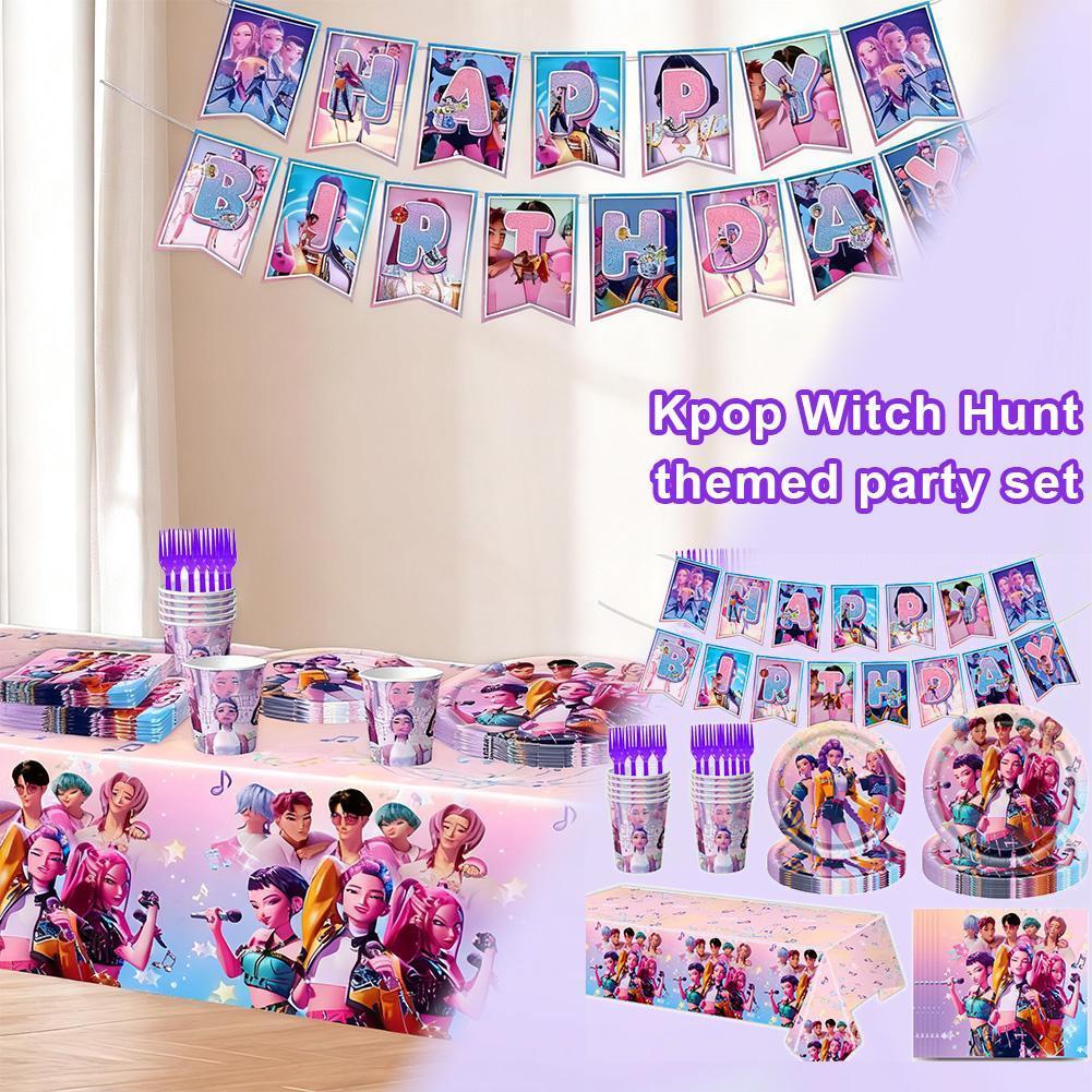 Kpop Demon Hunters Party ตกแต่งวันเกิดแบนเนอร์แผ่นถ้วยกระดาษผ้าปูโต๊ะ U9v2