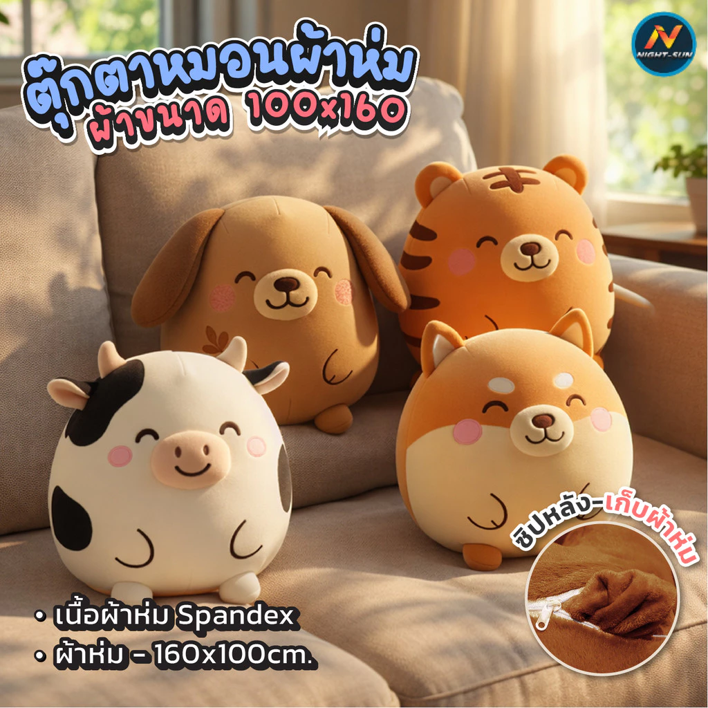 หมอนผ้าห่ม ตุ๊กตาน่ารัก หมอน 2-in-1 เป็นทั้งหมอนกอดและผ้าห่มในตัว ผ้าห่มขนาด 100×160 ซม. ใช้พักผ่อนสบาย มี 4 ลายน่ารัก