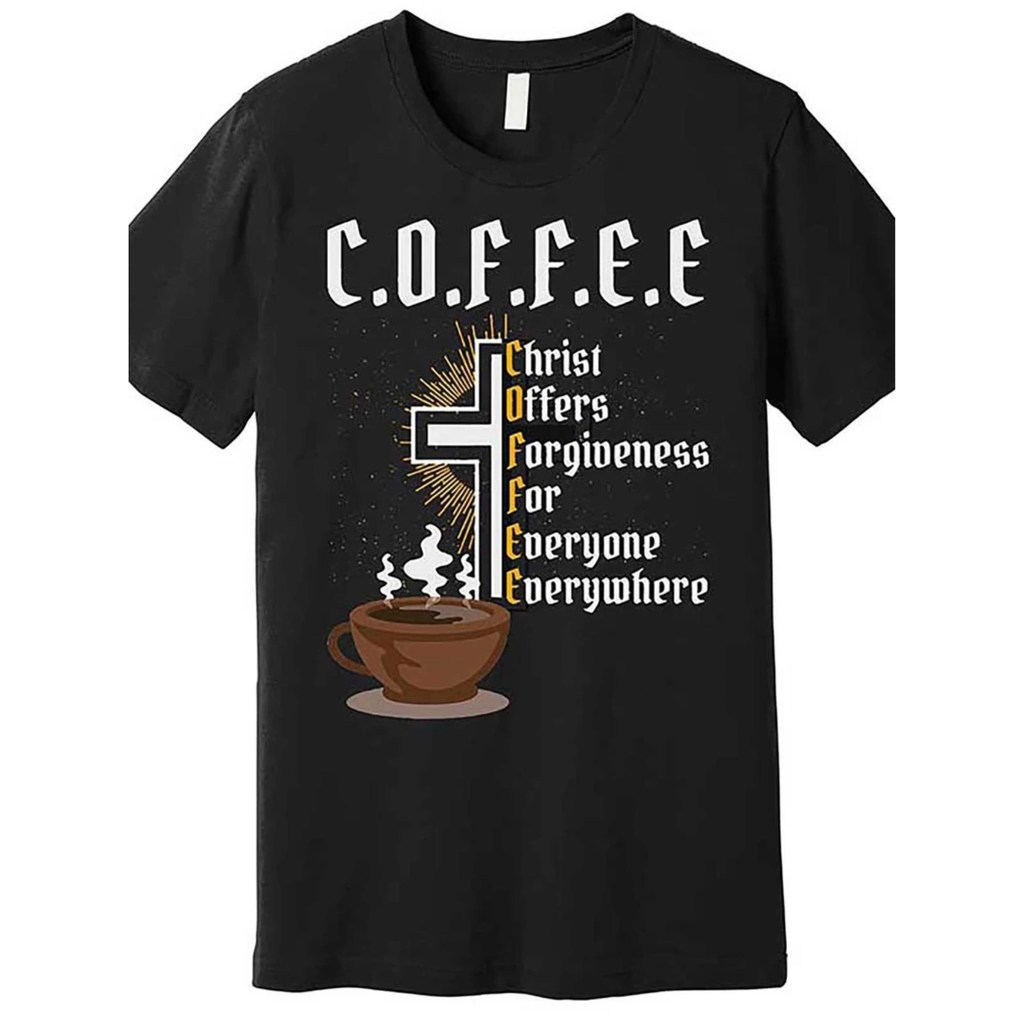 ทีเชิ้ตกราฟิกกาแฟคริสเตียนสำหรับผู้ชาย พระคริสต์เสนอการให้อภัย ดีไซน์ทางศาสนาพร้อมกากบาทกาแฟ