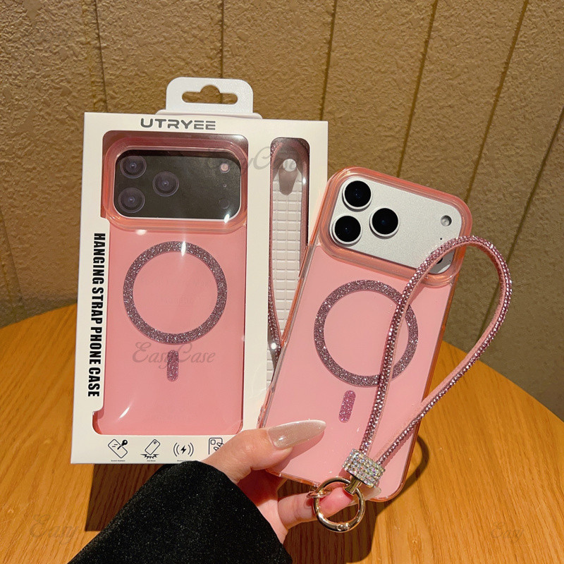 ลูกอมสีแวววาวสายรัดแม่เหล็กเชือกแขวนเคสโทรศัพท์สําหรับ ไอโฟน 17 16 15 14 13 มือโปร สูงสุด กันลื่นและป้องกันการตกกระแทกฝาหลัง