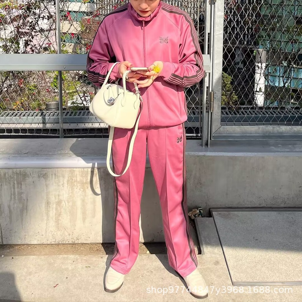 TECF Needles track Light Pink Embroidered Ribbon Campus Casual Loose Sports Jacket