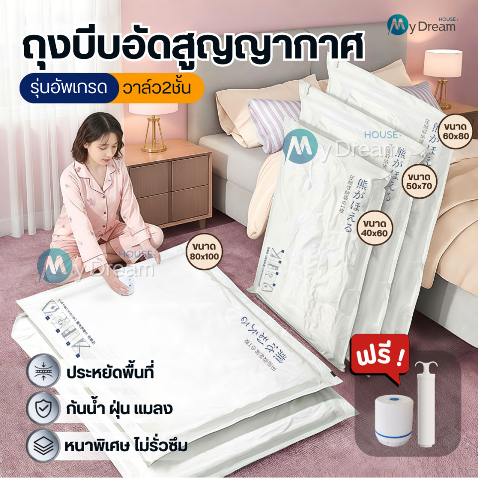ถุงสูญญากาศ เก็บเสื้อผ้าผ้าห่มผ้านวมจัดเก็บของกระชับพื้นที่แพ็คของเดินทางถุงใส่เสื้อผ้าพกพา ราคาต่อชิ้น(แบบใส)