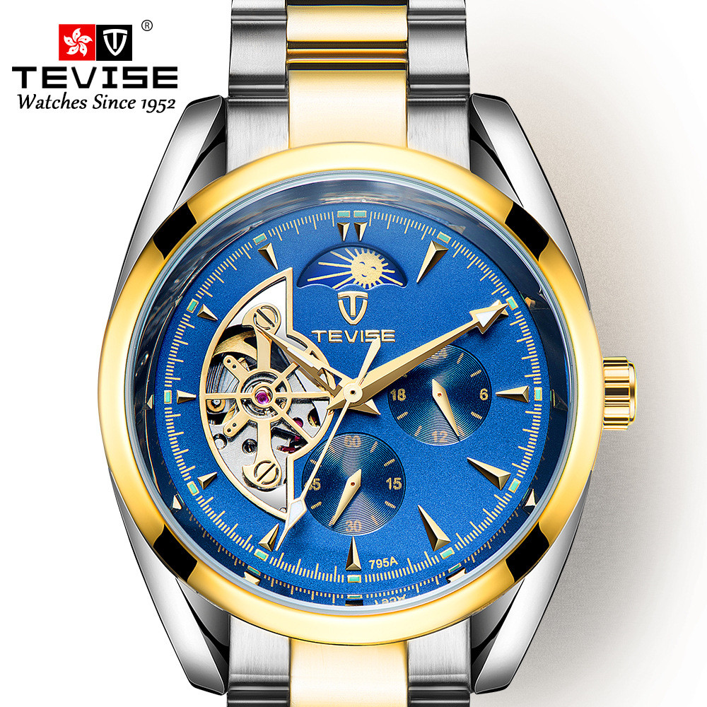 Swiss TEVISE TEVISE นาฬิกาผู้ชายนาฬิกากลไกอัตโนมัติ Moon Phase สายเหล็กนาฬิกาสไตล์เดียวกัน