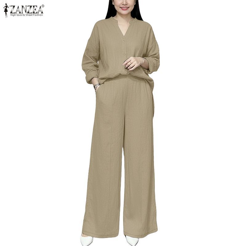 ZANZEA ชุดทำงานสไตล์เกาหลี แขนยาวและกางเกงเอวยางยืดขาตรงสำหรับผู้หญิง – โปรปัง