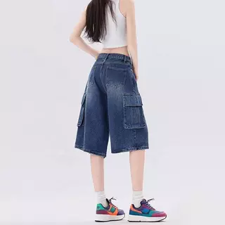 S-7XL กางเกงขาสั้นยีนส์ 5 ส่วน คาร์โก้ คาร์ใจ ใส่สบาย ผ้านุ่ม ใส่ได้ทั้งชายและหญิง
